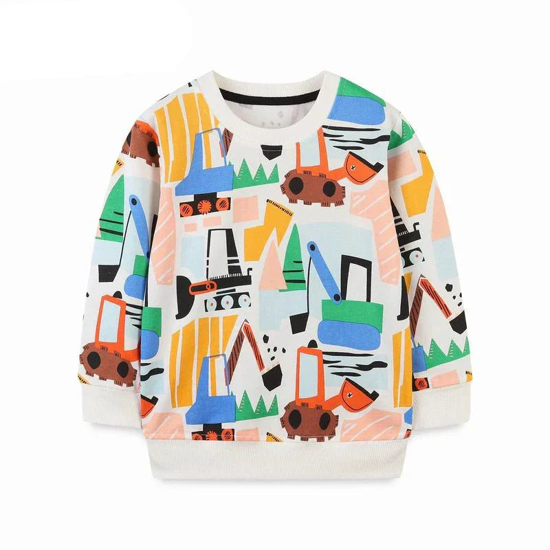White sweatshirt with multicolored excavators and construction vehicle prints