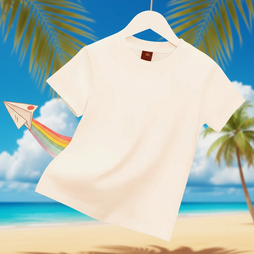 White short-sleeve crew-neck T-shirt on a hanger against a tropical beach backdrop