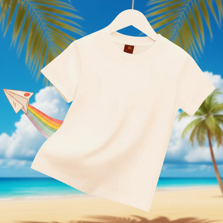 White short-sleeve crew-neck T-shirt on a hanger against a tropical beach backdrop