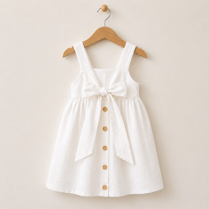 White cotton dress on a hanger, showing the back bow and decorative buttons