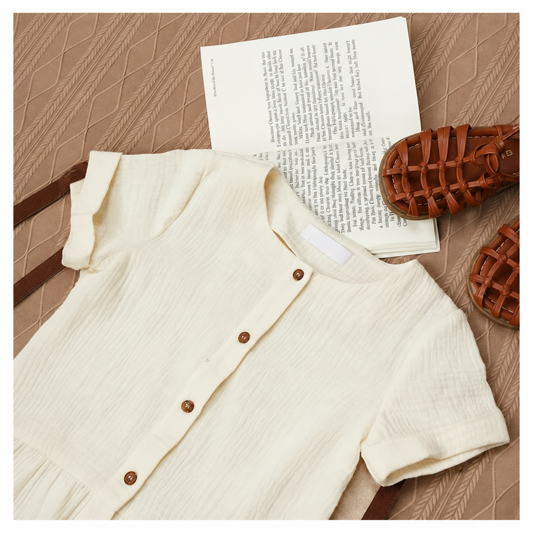 White cotton dress laid flat beside brown sandals and an open book.