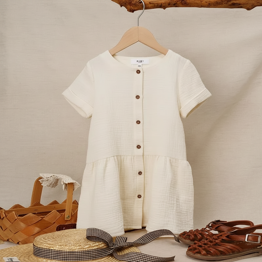 White cotton dress on a wooden hanger, styled with a basket, straw hat, and brown sandals.