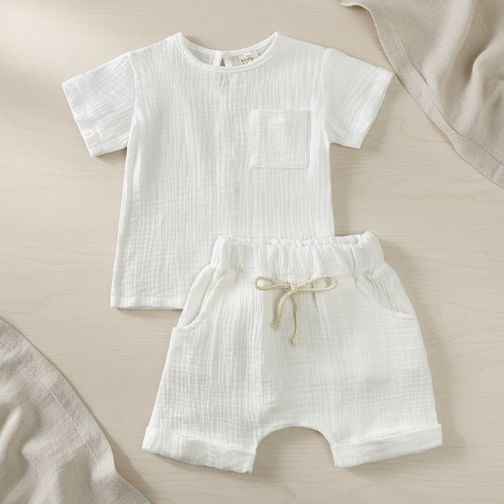 White cotton short-sleeve T-shirt and matching shorts with an elastic waistband and front tie.