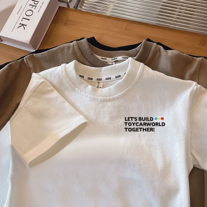 Close-up of the crew neckline and small chest print on a white children&
