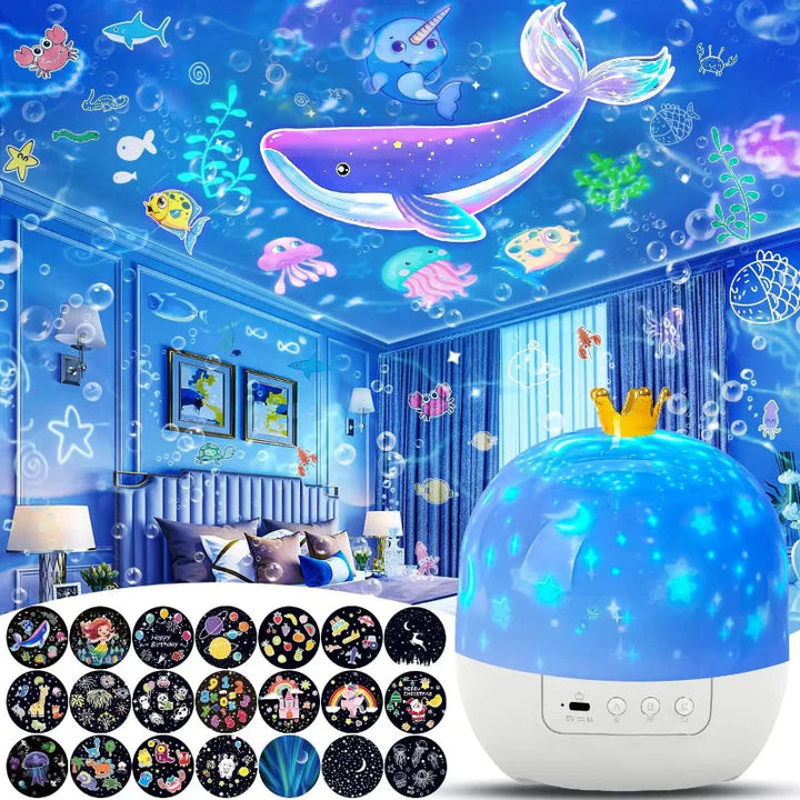 White crown-style projector night light with blue illumination, a whale scene, and film designs.