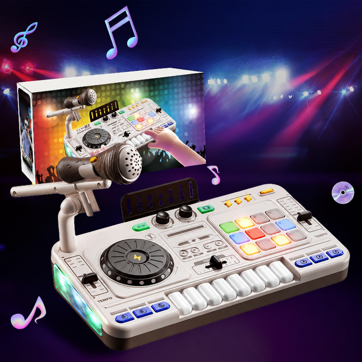 White DJ mixer toy with microphone and product box against a musical backdrop