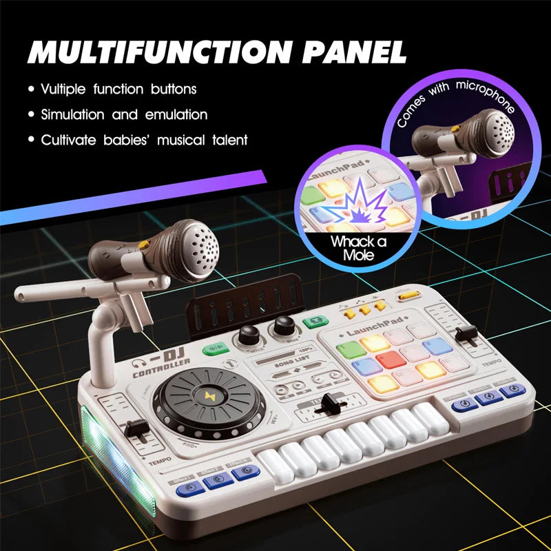 White DJ mixer toy showing the turntable, colored pads, microphone, and button-game feature