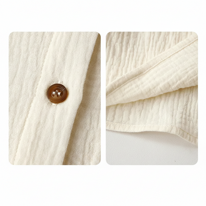 Close-ups of a front button and folded textured fabric on the White cotton dress.