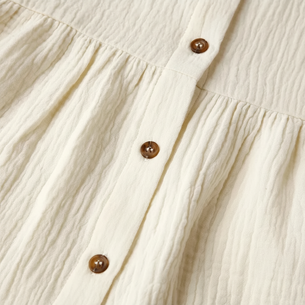 Close-up of the White dress showing brown front buttons, textured cotton, and the gathered waist seam.