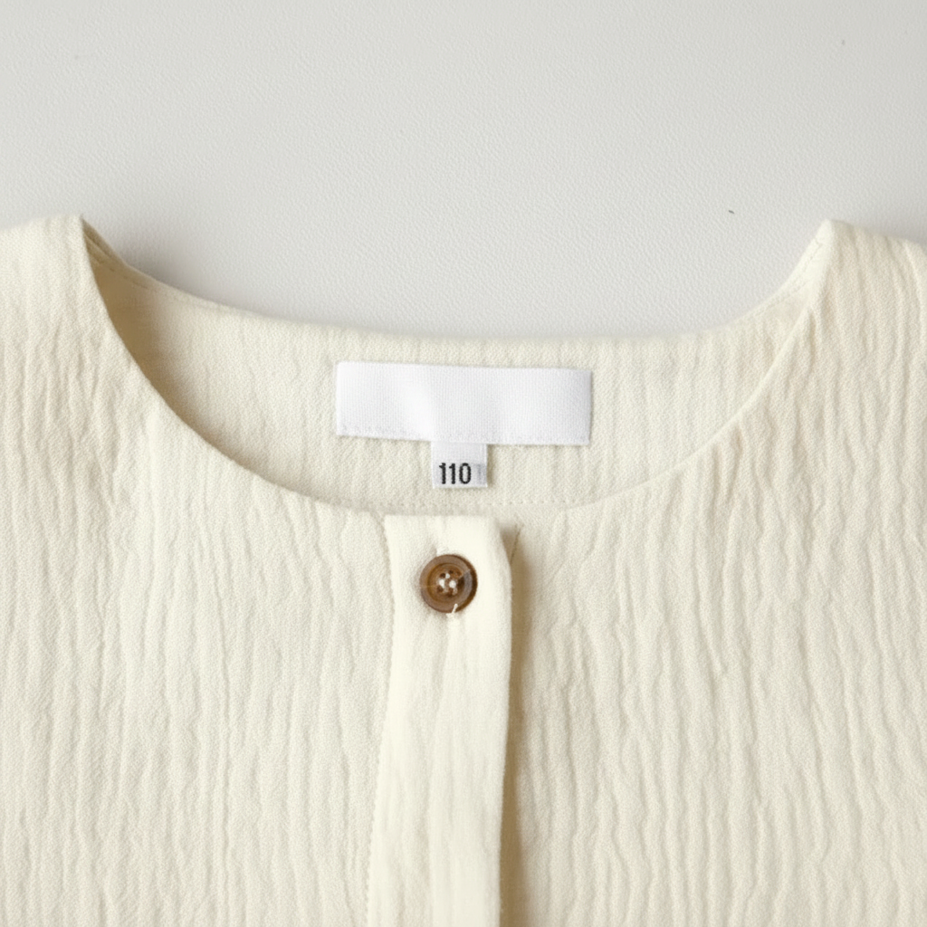 Round neckline and top button of the White textured cotton dress.