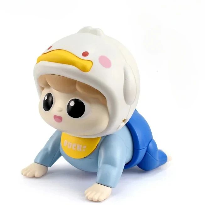 White duck-themed crawling doll with a blue outfit and yellow bib