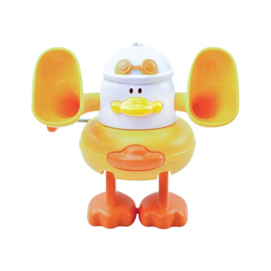 White duck wind-up toy with yellow wings, a yellow body, and orange feet