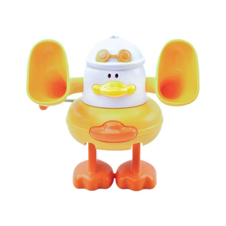 White duck wind-up toy with yellow wings, a yellow body, and orange feet
