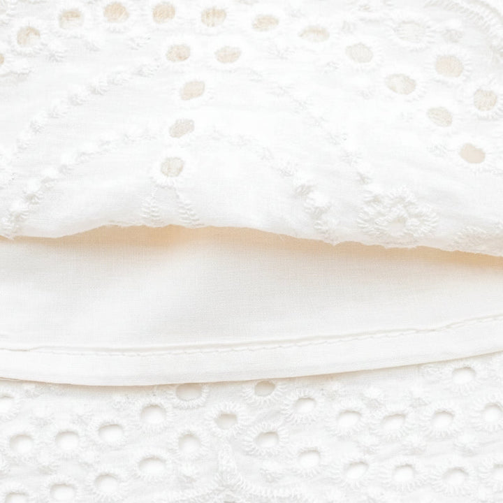 Close-up of white eyelet embroidery and a stitched fabric edge