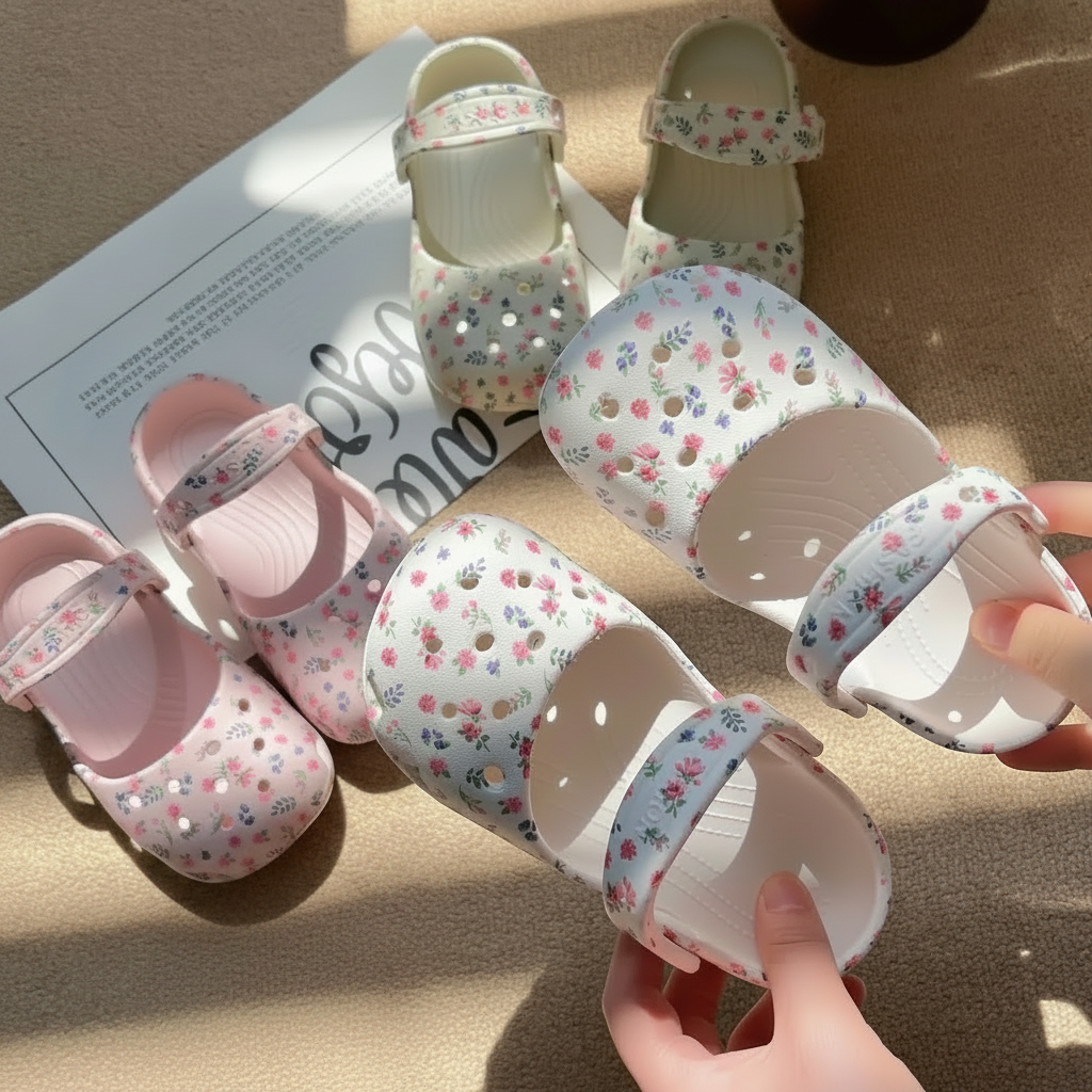 Hands holding white floral sandals beside pink and beige pairs