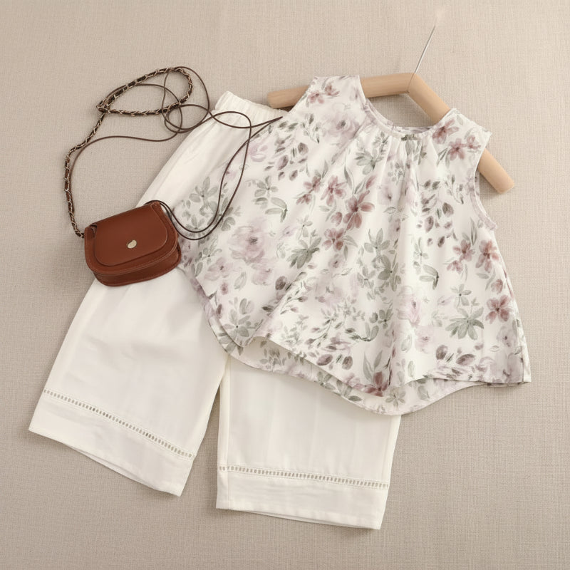 White floral sleeveless top with coordinating white cropped pants