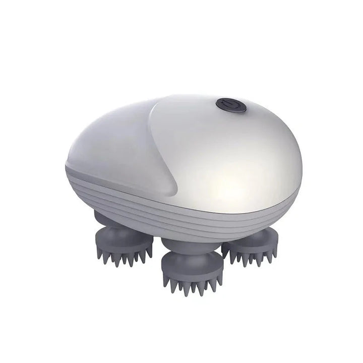 White head massager with a top button and four gray silicone massage heads.