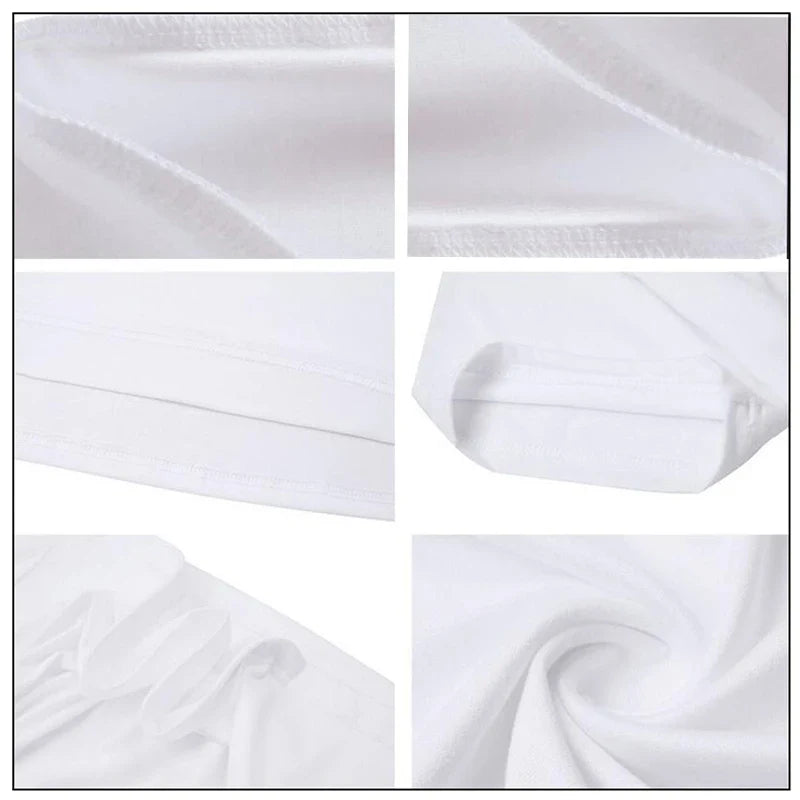 Close-ups of white garment fabric, stitched hems, seams, and a sleeve