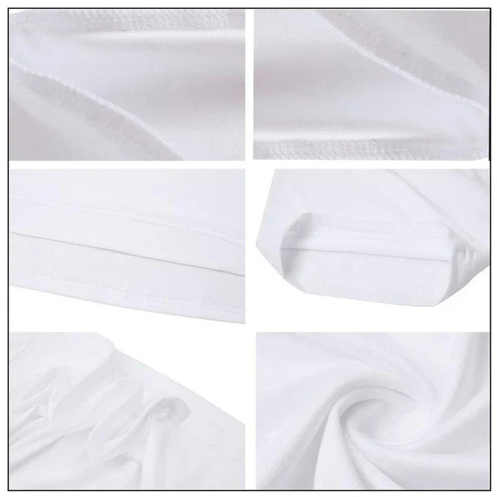 Close-ups of white garment fabric, stitched hems, seams, and a sleeve