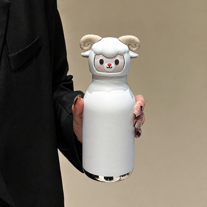 White goat thermos bottle with curled horns on the animal-head cap