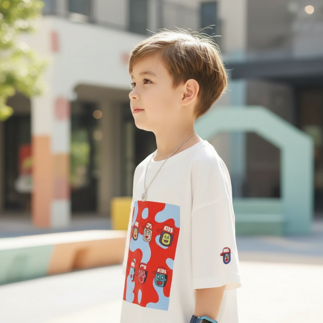 Outdoor side view of a boy wearing the white T-shirt with a colorful front print