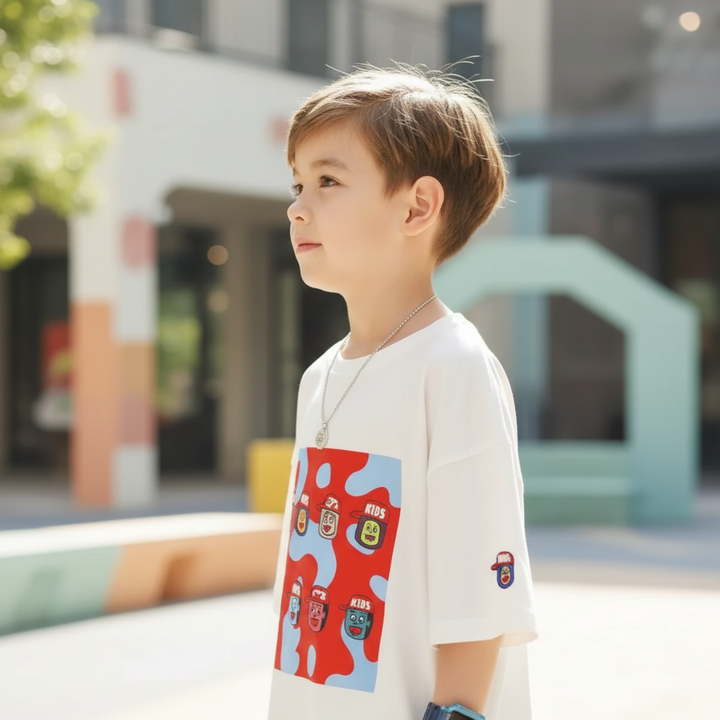 Outdoor side view of a boy wearing the white T-shirt with a colorful front print