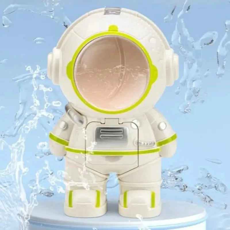 Front view of the white astronaut water bottle with green details against a water-splash background.
