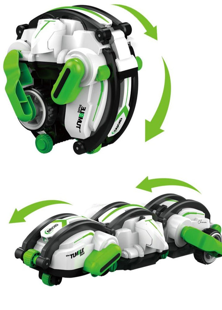 White and green stunt car shown curled upright and extended, with arrows indicating movement