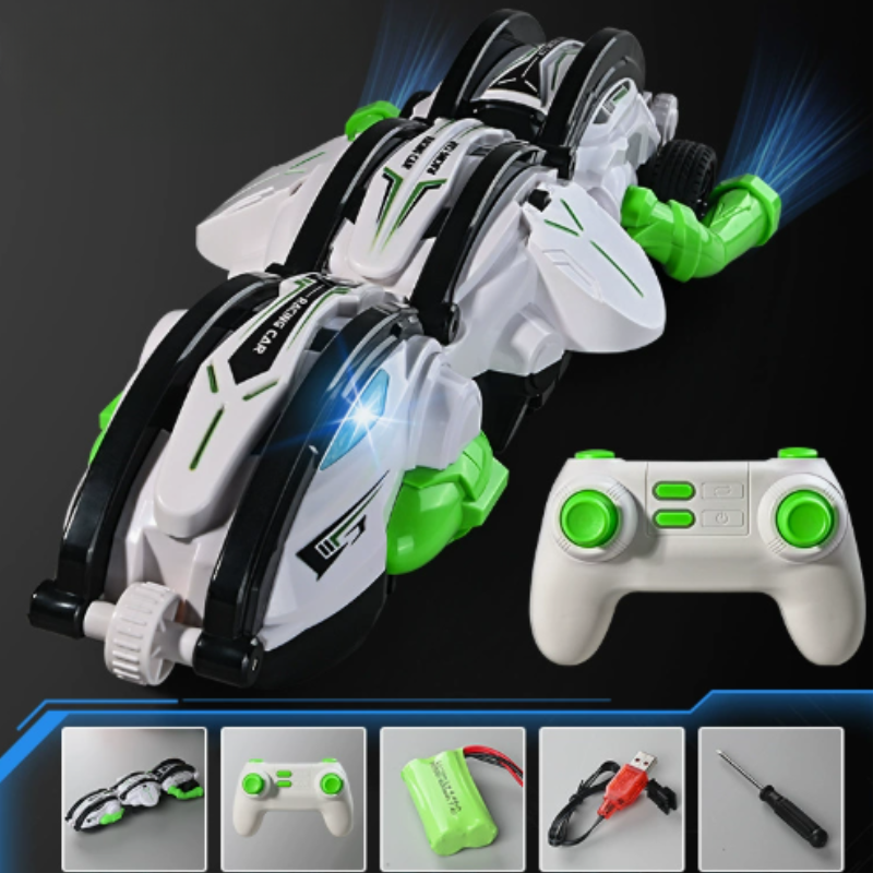 White and green stunt car with matching remote control and accessories displayed below