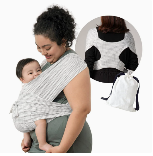White baby carrier with a fine dark grid pattern, shown from the front and back with a drawstring pouch