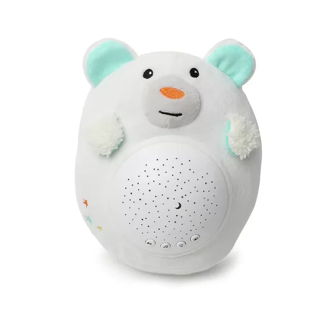 White hamster plush night light with mint-colored ears and a round projector panel