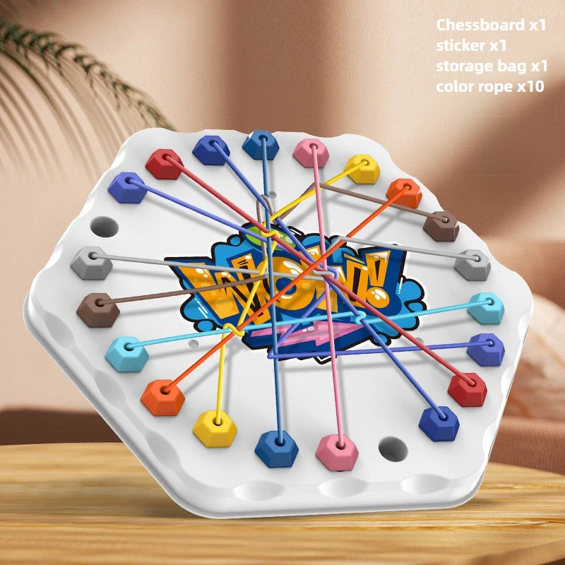 White hexagonal puzzle board with multicolored ropes crossed between peg positions.
