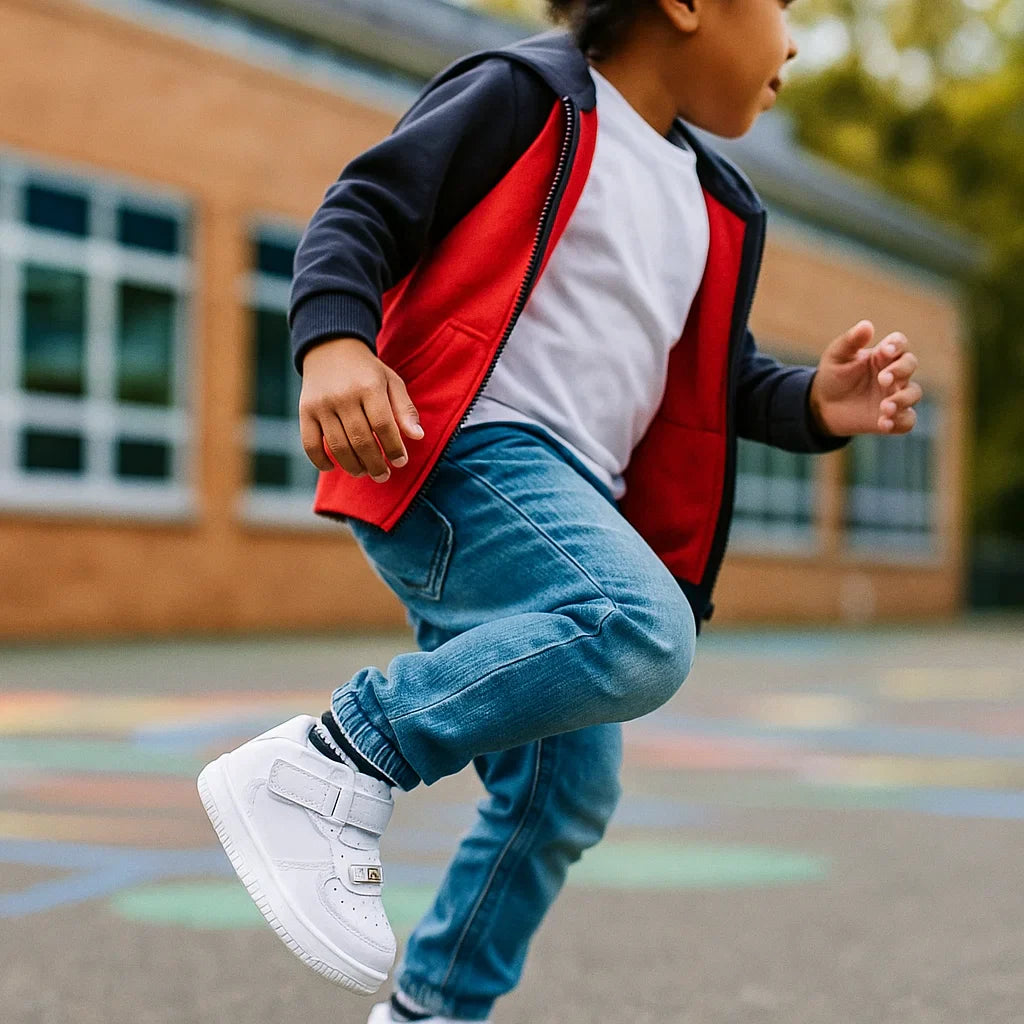 Child running outdoors in white high-top sneakers and jeans