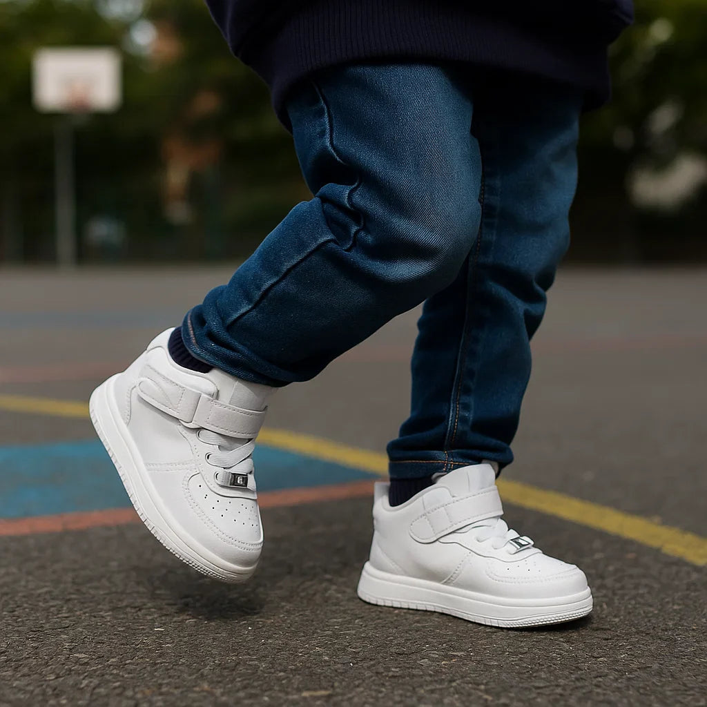 Child wearing white high-top sneakers with jeans on a painted playground