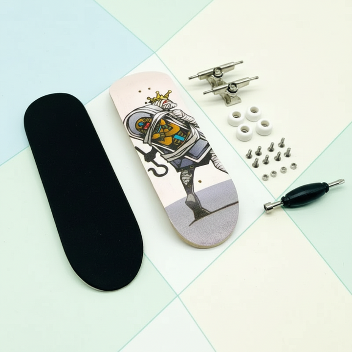 Illustrated white fingerboard deck with a black grip pad, white wheels, trucks, hardware, and a tool.