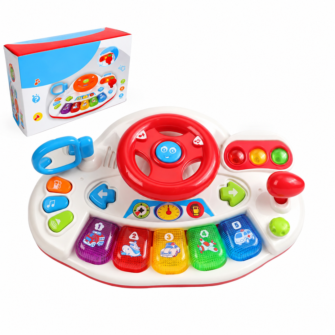 White steering wheel and keyboard toy with colorful keys and its retail box