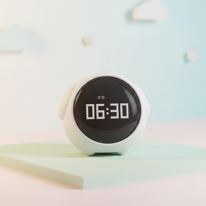 White rounded alarm clock displaying 06:30 on a pastel platform