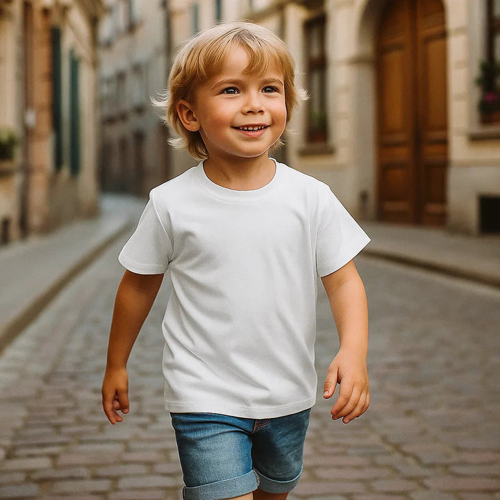 Child wearing a white crew-neck T-shirt with denim shorts on a cobblestone street