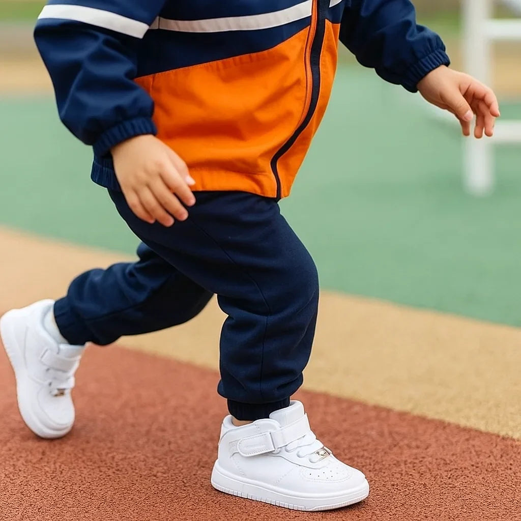 Child wearing white high-top sneakers with a navy and orange tracksuit outdoors