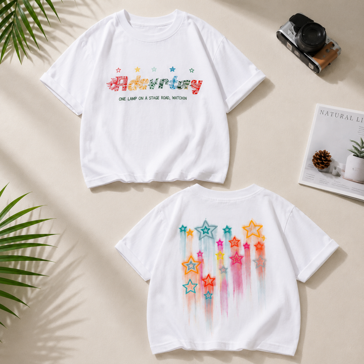 Front and back of a white short-sleeve kids&
