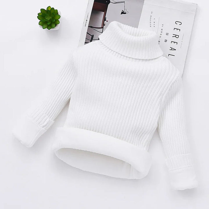 White long-sleeve ribbed turtleneck sweater with the soft lining turned outward