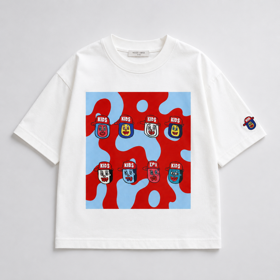White kids' T-shirt with a red-and-blue front graphic, crewneck, and short sleeves