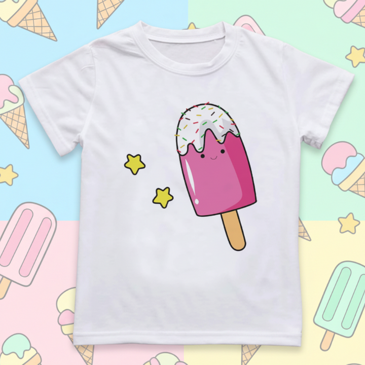 White short-sleeve T-shirt with a smiling pink ice pop, white topping, and yellow stars.