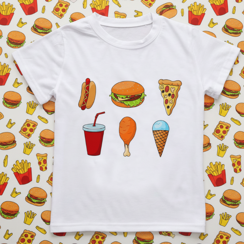 White short-sleeve T-shirt with a hot dog, burger, pizza, drink, chicken drumstick, and ice cream cone print.