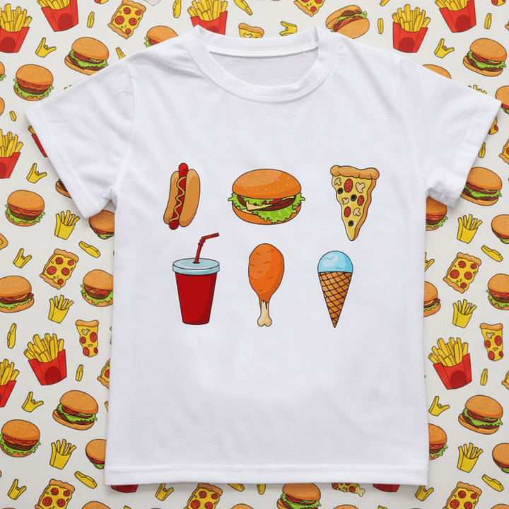 White short-sleeve T-shirt with a hot dog, burger, pizza, drink, chicken drumstick, and ice cream cone print.