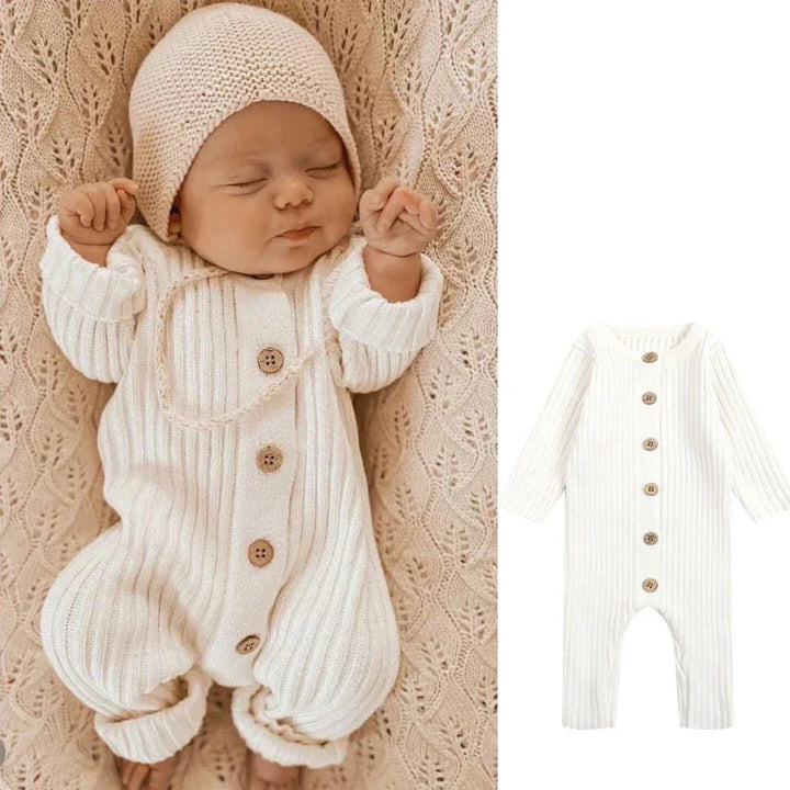 Baby wearing a white ribbed knit romper beside a flat view of the button-front design