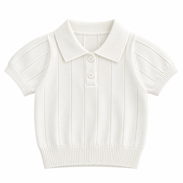 White short-sleeve knit polo shirt with a classic collar and vertical texture