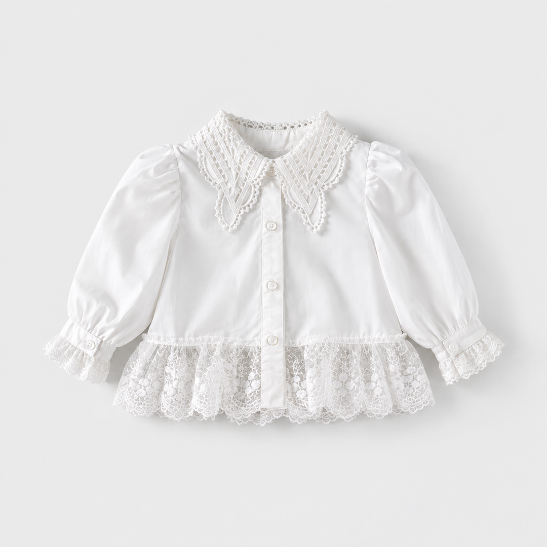 White long-sleeve blouse with a wide lace collar and lace-trimmed cuffs and hem