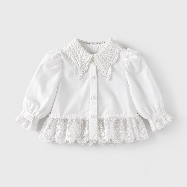 White long-sleeve blouse with a wide lace collar and lace-trimmed cuffs and hem