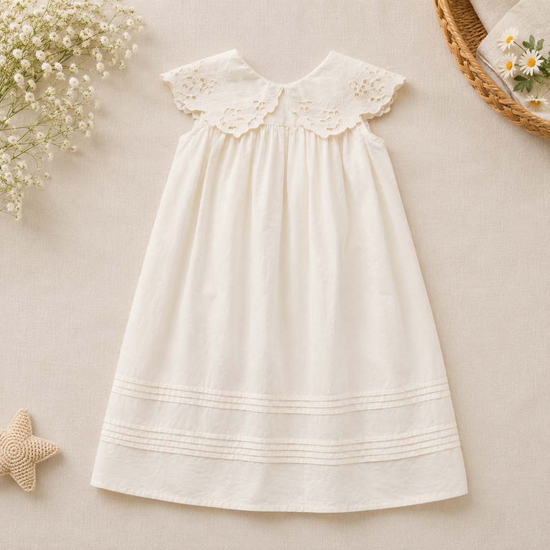 White gathered dress with a wide lace collar and rows of stitched detailing near the hem.